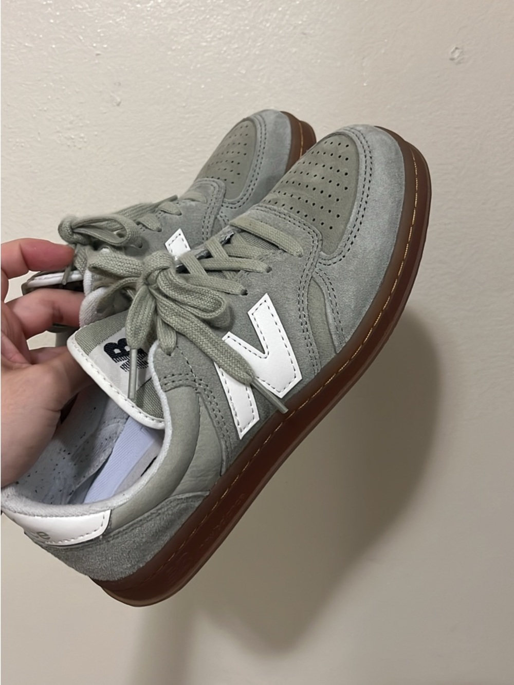 New Balance Sage Green Suede Sneakers with White Logo and Gum Sole